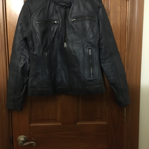 Genuine Leather Navy Blue Motorcycle Jacket - Picture 4 of 6